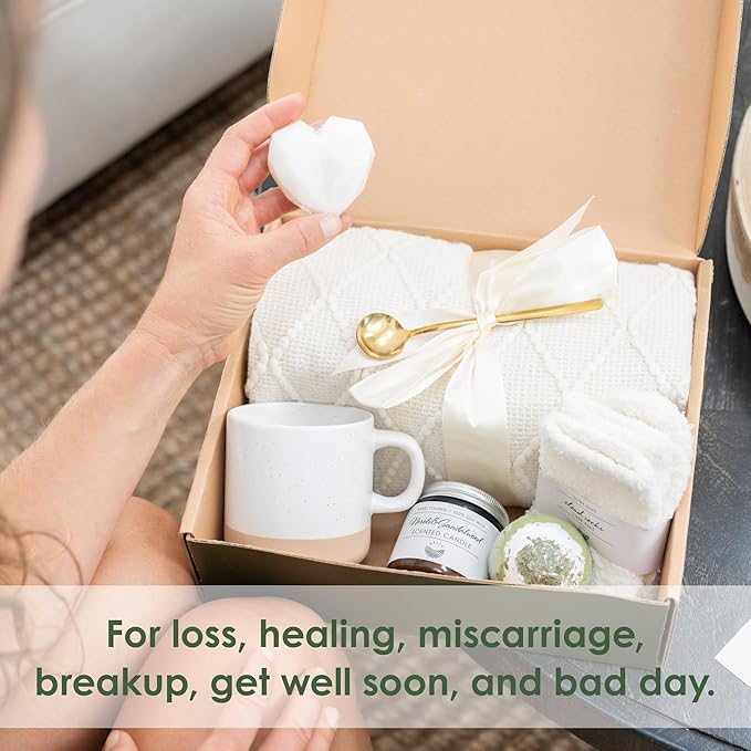 Sympathy Gift Baskets for Women – 8 Thoughtful & Cozy Items (Blanket and Candle Gift Set with Mug, Socks & More) – Sympathy Gifts for Loss of Loved One, Get Well, or Self Care Gifts for Women
