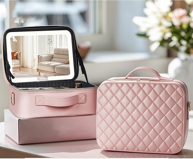 BEAUTY CASE Makeup Bag with Led Mirror, 12 Inch Portable Travel Cosmetic Organizer Case with Adjustable Dividers, USB Charging, Large Capacity, Ideal for Travel, Gift for Women Girls, Pink