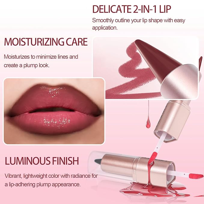 2-in-1 Dual-Ended Lip Liner Lipstick & Gloss Set, Lip Combo with Mirror Effect, Smooth Matte Lip Liner and Moisturizing Lightweight Lip Plumping set for Women, 06 Nude
