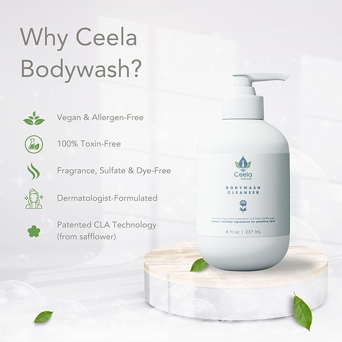 CEELA Naturals Body Wash Cleanser 8 fl oz – CLA-Based, Vegan, Hypoallergenic, Microbiome-Safe – Gently Soothes Sensitive Skin, No Synthetic Preservatives or Fragrances