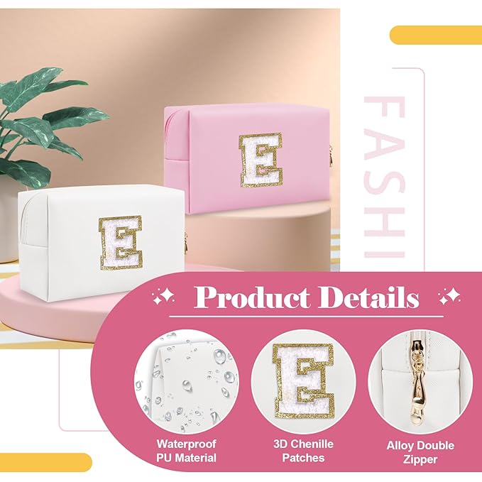 Small Personalized Initial A-Z Preppy Patch Makeup Bag,White PU Chenille Letter Travel Cosmetic Pouch with Zipper,Cute Toiletry Bag,Gift Ideal for Teen Girls Women Teacher Bridesmaid,Letter E