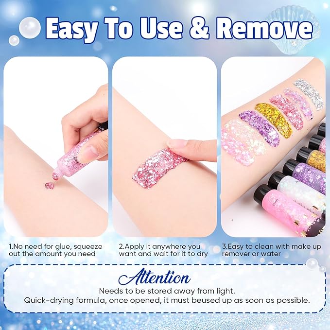 AROIC 14 Pcs Body Glitter - 7 Colors Mermaid Fairy Sparkle Makeup, Face & Hair Glitter Gel for Women Match with Mermaid Costume, Concerts Rave Accessories, Face Paint, Cosplay, Festival Birthday Party