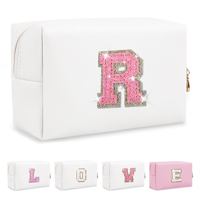 Small Initial Patch Makeup Bag Personalized Gifts Make Up Bag,White Cute PU Leather Glitter Letter Cosmetic Bag with Zipper,Trendy Portable Travel Toiletry Pouch,Preppy Stuff for Teen Girls Women R