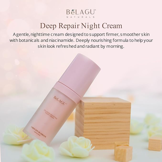 BeLagu Collagen Boosting Night Cream with Bakuchiol & Adaptogenic Mushrooms - Natural Retinol Alternative Moisturizer for Firming, Smoothing & Stress Defense - Vegan Skincare Face Cream (1 fl oz)
