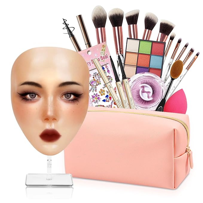 Silicone Makeup Practice Board - Full Face Mannequin with Makeup Kit, Face Gems, Brushes - Perfect for Beginners & Professionals