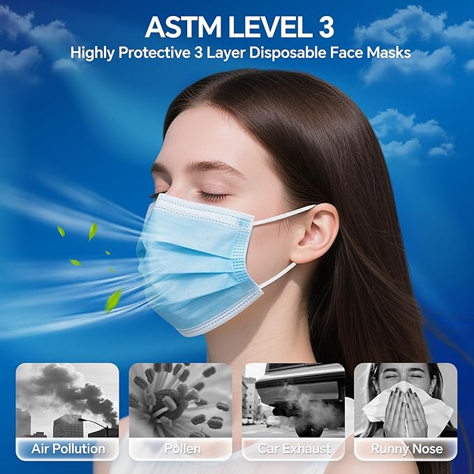 GTT ASTM Level 3 Highly Protective Disposable 3 Ply Face Masks with Individual Packaging, Breathable & Comfortable Mask