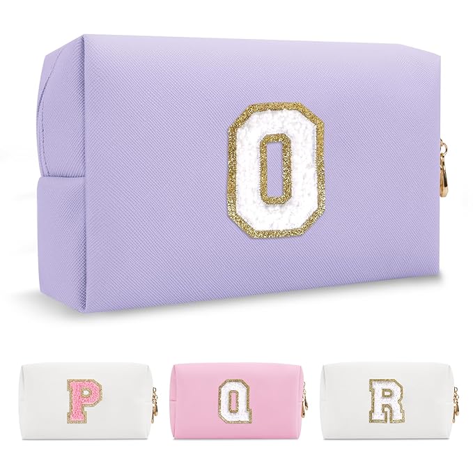 Personalized Makeup Bag Initial A-Z Preppy Patch Bag,Small PU Leather Travel Cosmetic Bag Pouch with Zipper,Purple Cute Toiletry Bag,Gift Ideal for Teen Girls Women Birthday Friend Mom,Latter O