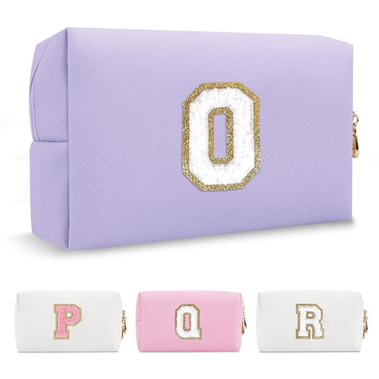 Personalized Makeup Bag Initial A-Z Preppy Patch Bag,Small PU Leather Travel Cosmetic Bag Pouch with Zipper,Purple Cute Toiletry Bag,Gift Ideal for Teen Girls Women Birthday Friend Mom,Latter O