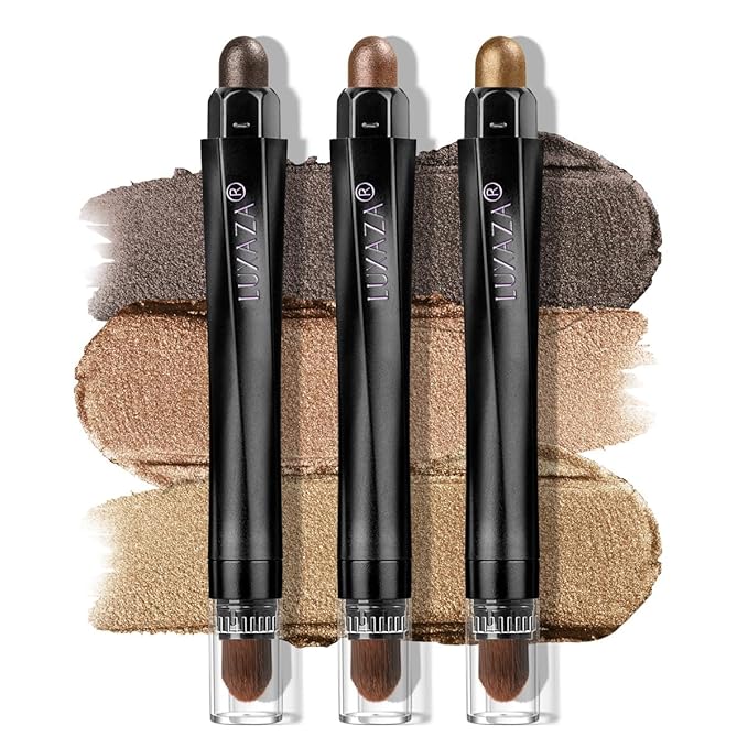 Brown Eyeshadow Stick Makeup Set 3PCS, Neutral Shimmer And Matte Cream Eye Shadow Palette, Metallic Bronze Smoky Eyeliner Brightener Crayon Pencil Kit, Ideal Gift for Women -Golden Glow