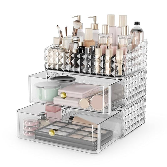 Makeup Organizer for Vanity, Stackable Cosmetics Organizer and Storage, Cosmetic Display Cases with 2 Drawers and 1 Tray for Makeup Brush, Hair Accessories, Lipstick and Jewelry, Clear