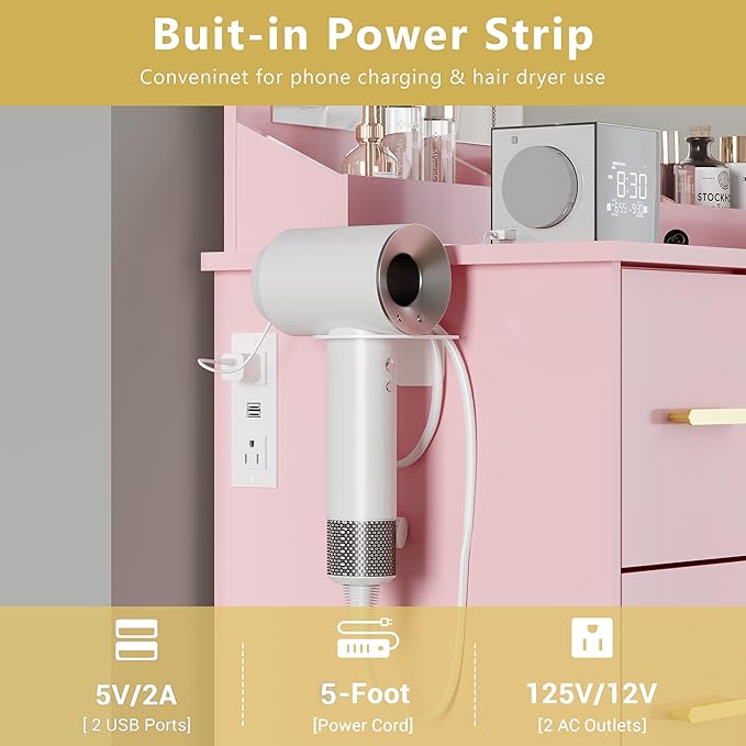 Makeup Vanity with Large Lighted Mirror and Chair, 7 Drawers Vanity Makeup Desk Table with Power Strip, Adjustable Lighting, and Cushioned Storage Stool for Women, Girls