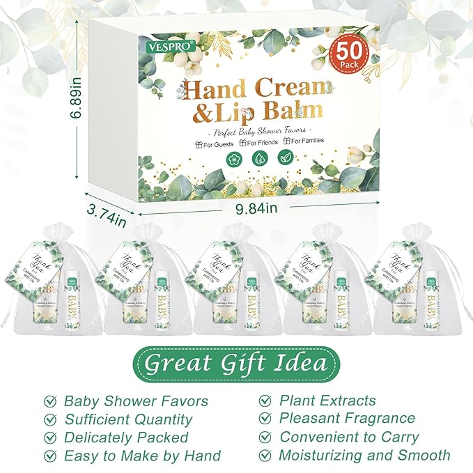 VESPRO 50 Pack Hand Cream Bulk and Lip Balm Bulk Gifts Sets, Baby Shower Favors and Bridal Shower Favors for Guests with Thank You Card and Organza Gift Bags, Thank You Gifts for Women (Oh Baby)