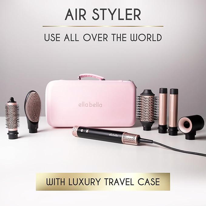ELLA BELLA® 6 in 1 Professional Hot Air Styler Dual Voltage • Powerful Hair Dryer & Straightener Set • Styling Without Heat Damage • Fast Drying Curling Volumizing Straightening • with Travel Case