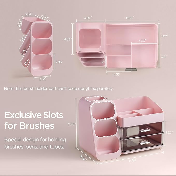 HBlife Makeup Organizer with Brush Holder for Vanity, Large Plastic Bathroom Countertop Organizer Skin Care Storage, Easy to Store Lipsticks, Nail Polishes, Perfumes, Eyeshadow Palettes, Pink