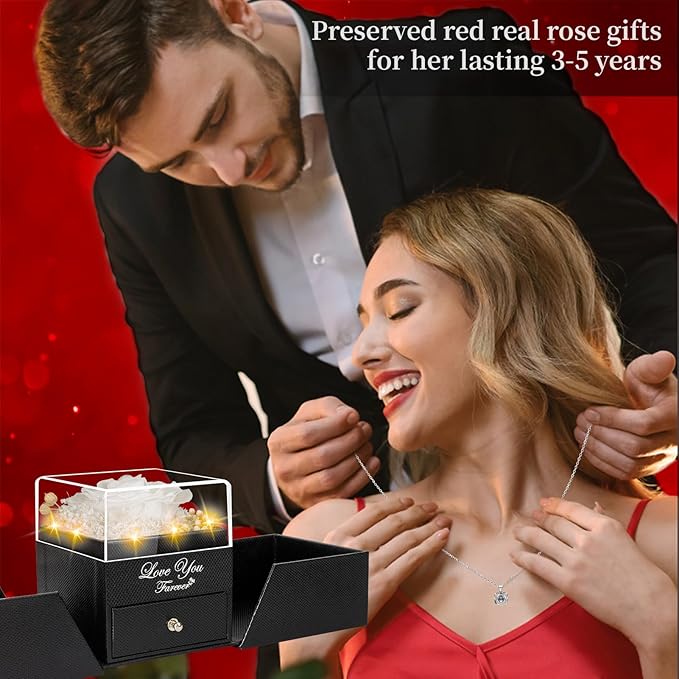 Preserved White Real Rose -Eternal Flowers Rose Birthday Gifts for Her Mom Wife Girlfriend Grandma on Valentines Mothers Day Christmas Anniversary Romantic- White