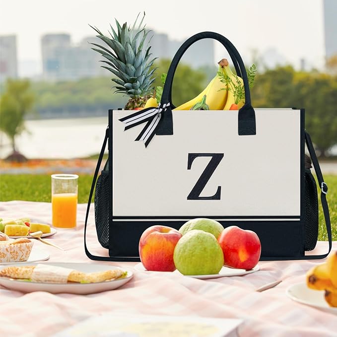 TOPDesign Personalized Initial Canvas Tote Bag, for Wedding, Birthday, Beach, Perfect Gifts for Women, Mom, Teachers, Friends