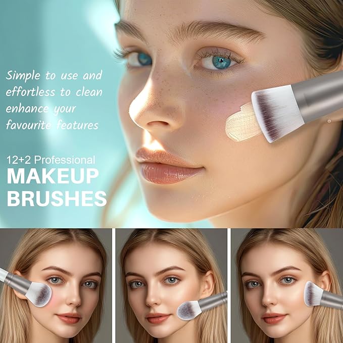 START MAKERS 15PCS Professional Makeup Brushes Set, Premium Synthetic Foundation Powder Concealer Eyeshadow Blush Kabuki Brushes Kit, MakeUp Brushes with 2 Makeup Sponges, Dual-Sided Mirror