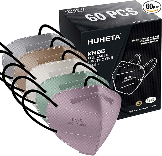 HUHETA KN95 Face Masks, Packs of 60 Individually Wrapped KN95 Mask 5-Ply Breathable Protective Masks, Morandi Multi Color