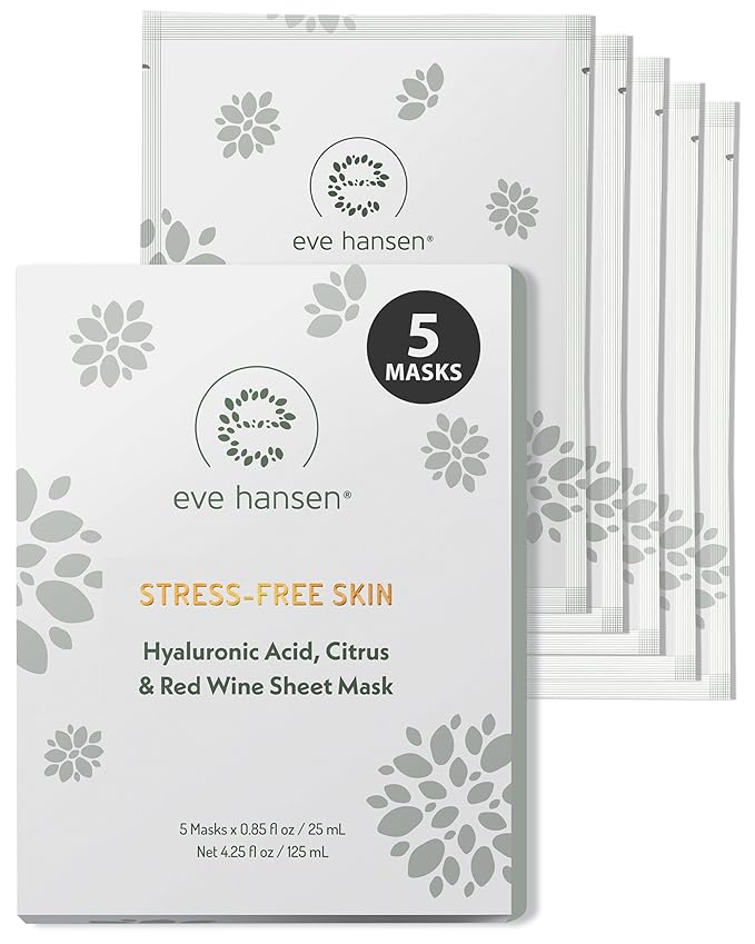 Eve Hansen Hydrating Face Mask Sheets Set of 5 – Moisturizing & Nourishing Care for All Skin Types – With Hyaluronic Acid, Tangerine Peel, Blueberry Extract & Spinach Leaf