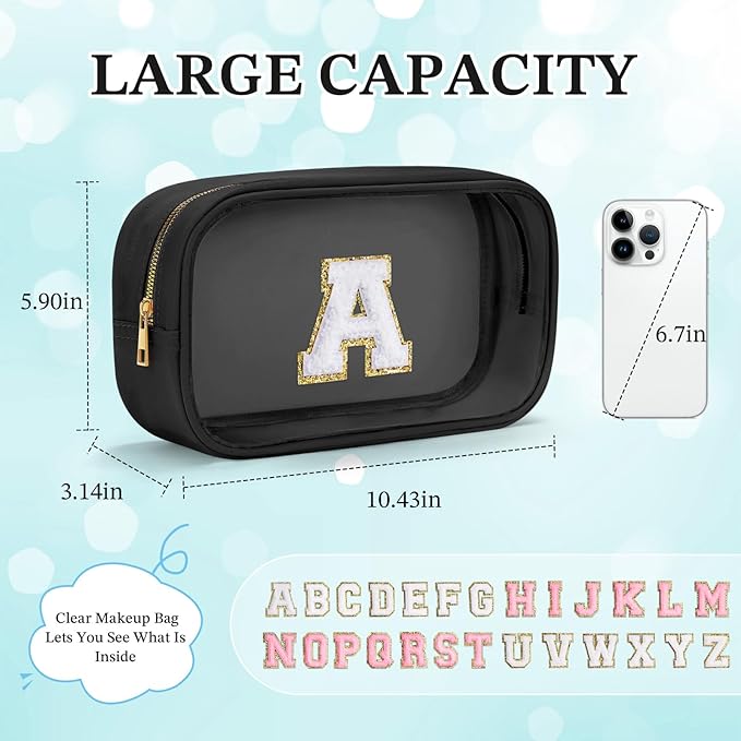 YOOLIFE Initial Travel Makeup Bag Pouch, Clear Toiletry Bag for Women Travel Accessories Cosmetic Bag Skin Care for Teen Make Up Bags Birthday Gifts for Women Unique Teacher Mom Friends Gifts Black B