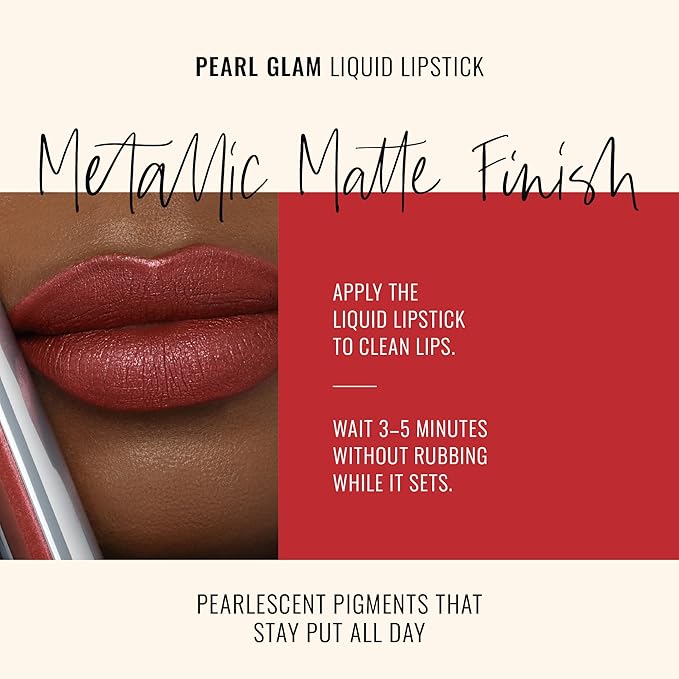 Runway Rogue Pearl Glam Long Wear Shimmer Liquid Lipstick, Metallic Warm Brick-Red Lipstick with Silver and Gold Shimmer, ‘Showtime’