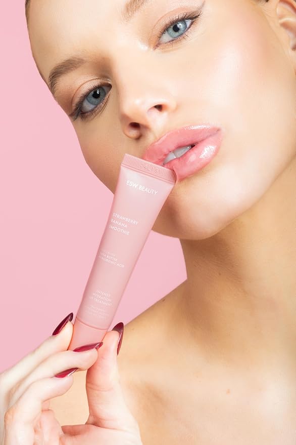 ESW Beauty Strawberry Banana Smoothie Lip Treatment - Soft Pink Nude Tint with Shea Butter, Hyaluronic Acid, Strawberry & Banana for Intense Hydration & Dryness Prevention