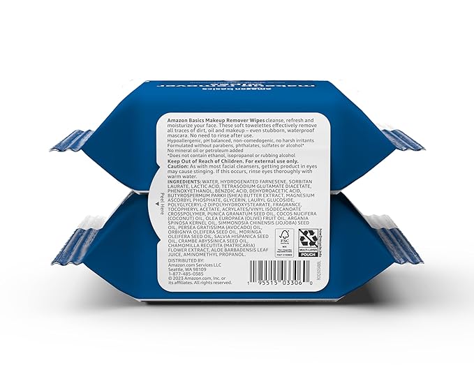 Amazon Basics Makeup Remover Wipes, Gentle Cleansing, Dermatologist Tested, Original, Plant Based, Alcohol Free, Removes Waterproof Mascara, 25 Count Per Pack, Pack of 2 (Previously Solimo)