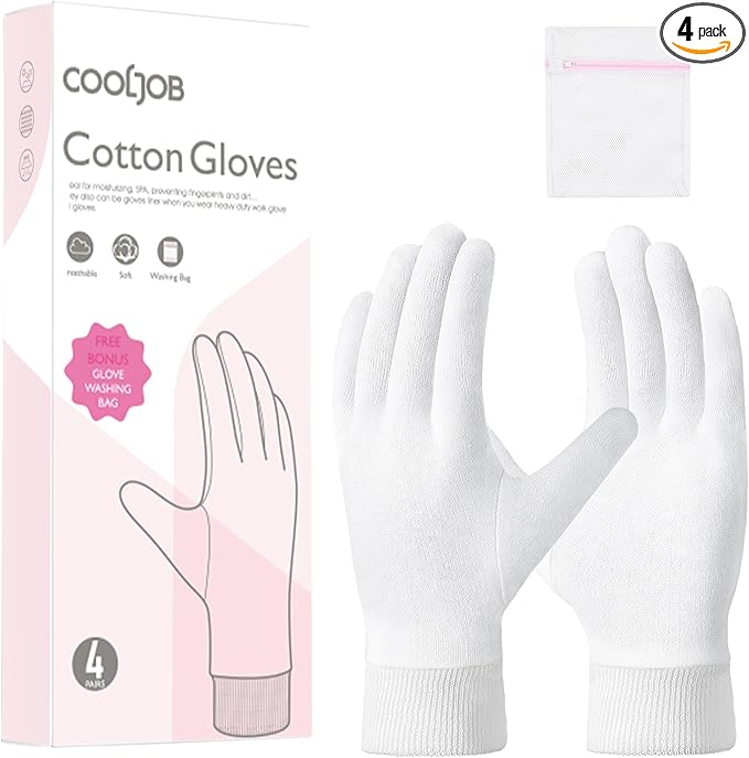 COOLJOB 4 Pairs Soft Moisturizing Cotton Gloves Set with Stretch Elastic Cuff, Overnight Lotion Sleeping Gloves for Dry Hands, Eczema Skin, Beauty Women SPA Essentials, Medium, White