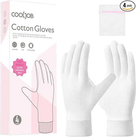 COOLJOB 4 Pairs Soft Moisturizing Cotton Gloves Set with Stretch Elastic Cuff, Overnight Lotion Sleeping Gloves for Dry Hands, Eczema Skin, Beauty Women SPA Essentials, Medium, White
