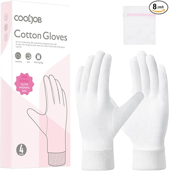 COOLJOB 4 Pairs Soft Moisturizing Cotton Gloves Set with Stretch Elastic Cuff, Overnight Lotion Sleeping Gloves for Dry Hands, Eczema Skin, Beauty Women SPA Essentials, Large, White