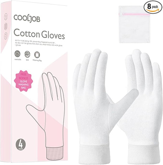 COOLJOB 4 Pairs Soft Moisturizing Cotton Gloves Set with Stretch Elastic Cuff, Overnight Lotion Sleeping Gloves for Dry Hands, Eczema Skin, Beauty Women SPA Essentials, XSmall, White