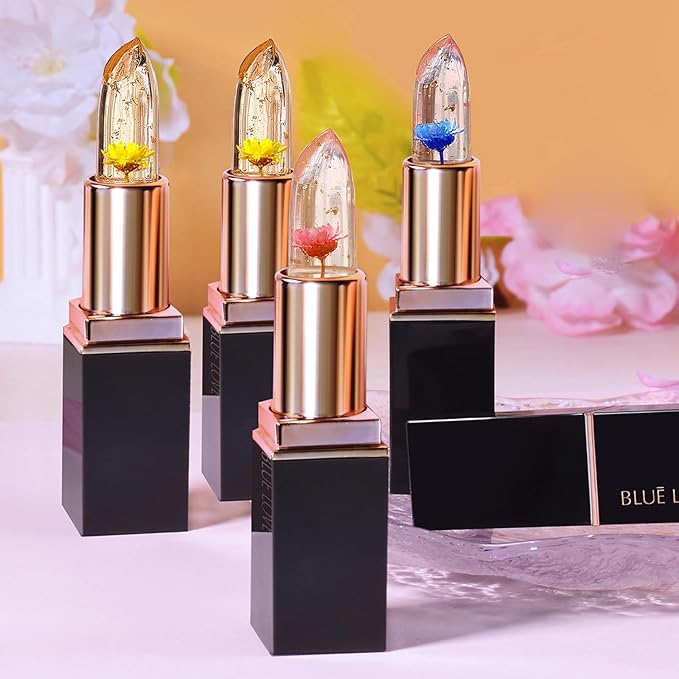 BLUE LOVE Color Changing Flower Lipstick - Hydrating Jelly Lip Balm with Flower Inside, Long-Lasting Moisturizer & Nourishing Lip Gloss for a Beautiful, Customizable Look (Golden)