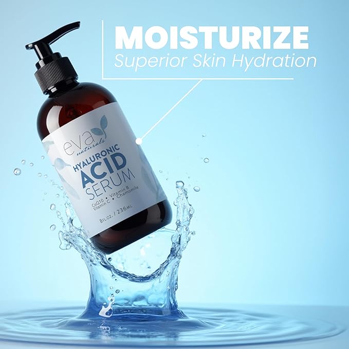 Eva Naturals Anti-Aging Hyaluronic Acid Serum For Face - Professional & Potent Hydrating Anti-Wrinkle Formula For Fine Line & Uneven Skin Tone - Contains Vitamin C, B, & E, Paraben Free (8 Oz)