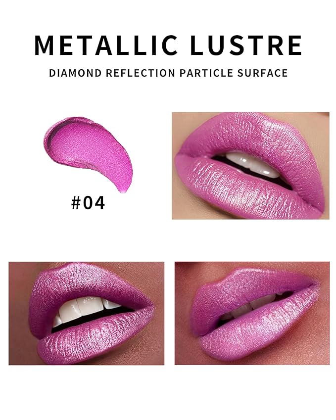 Metallic Glitter Pink Lipstick Long Lasting,Diamond Shimmer Liquid Lipstick Transfer Proof Non-Stick Nude Lip Gloss,High Pigmented Lip Color Creamy Lip Stick Makeup for Women-04