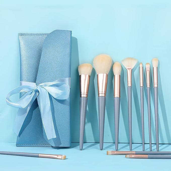Makeup Brushes With Bag 10PCs Professional Makeup Brush Set，Premium Synthetic Foundation Concealer Powder Blush Eyeshadow Eyebrow Blending Travel Make Up Brushes (Blue)
