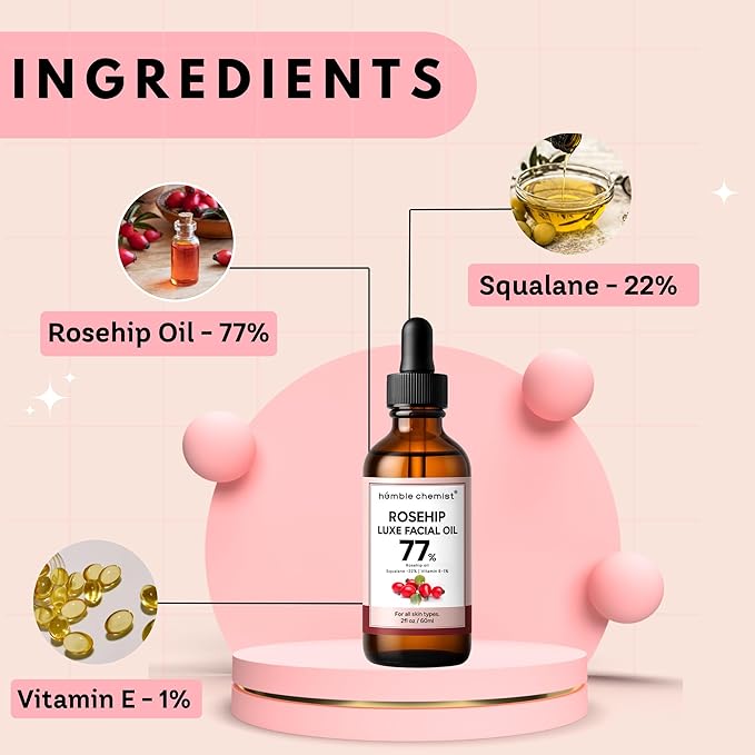 2in1 Rosehip Luxe Face Oil, 77% Rosehip Oil with Squalane and Vitamin E