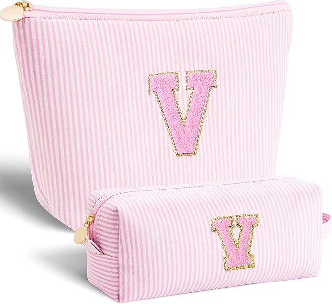 Personalized Makeup Bag for Women Girls - Fashion Cosmetic Bag Trendy Travel Toiletry Bag with Initials Letter - Teen Gifts - Pink,V
