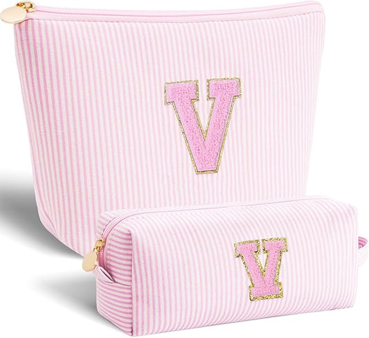 Personalized Makeup Bag for Women Girls - Fashion Cosmetic Bag Trendy Travel Toiletry Bag with Initials Letter - Teen Gifts - Pink,V