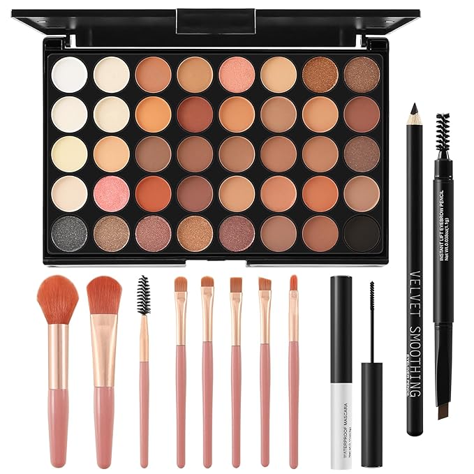 All In On Makeup Eye Set Cosmetics Kit for Teens and Adults, Includes Eyeshadow, Make Up Brushes, Mascara, Eyebrow Pencil, Eyeliner