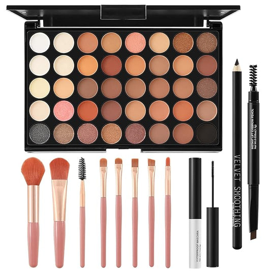 All In On Makeup Eye Set Cosmetics Kit for Teens and Adults, Includes Eyeshadow, Make Up Brushes, Mascara, Eyebrow Pencil, Eyeliner