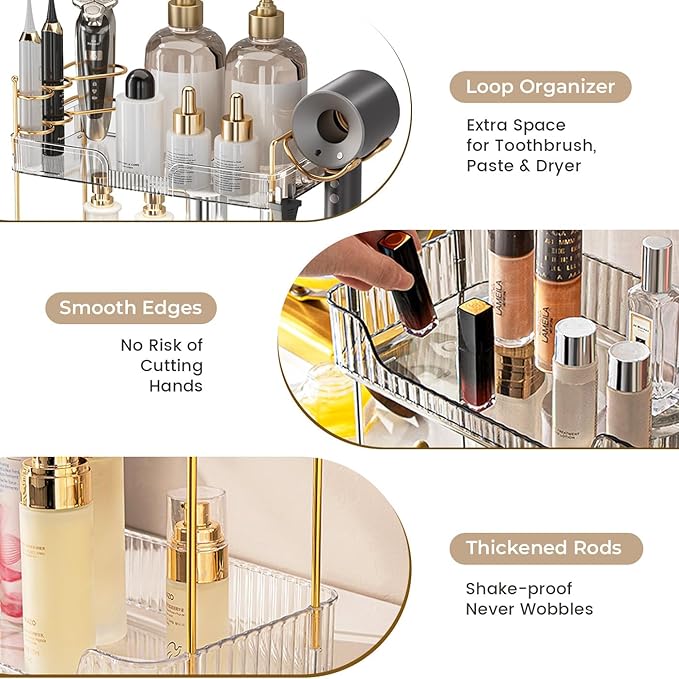 Aveniee Bathroom Counter Organizer,3 Tier Skincare Perfume Countertop Storage with Hair Dryer Rack and Toothbrush Holder, Cosmetic Makeup Tray for Vanity,Grey