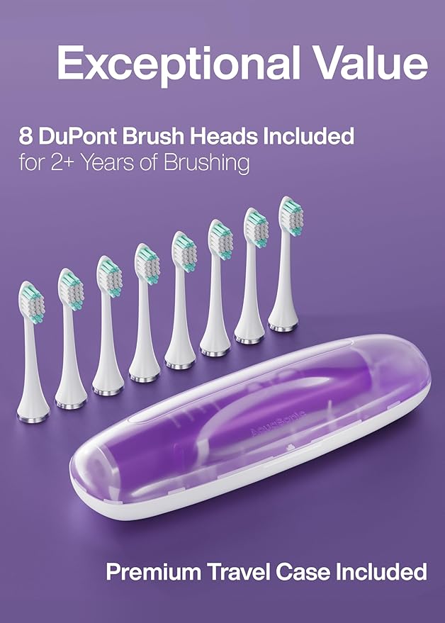 Aquasonic Vibe Series Ultra-Whitening Toothbrush – ADA Accepted Electric Toothbrush - 8 Brush Heads & Travel Case – 40,000 VPM Motor & Wireless Charging - 4 Modes w Smart Timer – Satin Violet