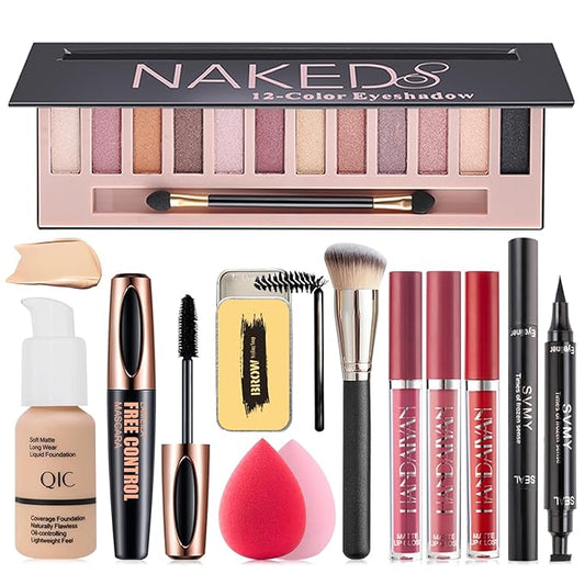 All in One Makeup Kit, Includes 12 Colors Naked Eyeshadow Palette, Nude Liquid Foundation, Lipstick Set, Eyebrow Soap, Eyeliner Stamp, Waterproof Mascara, Brush, Sponges
