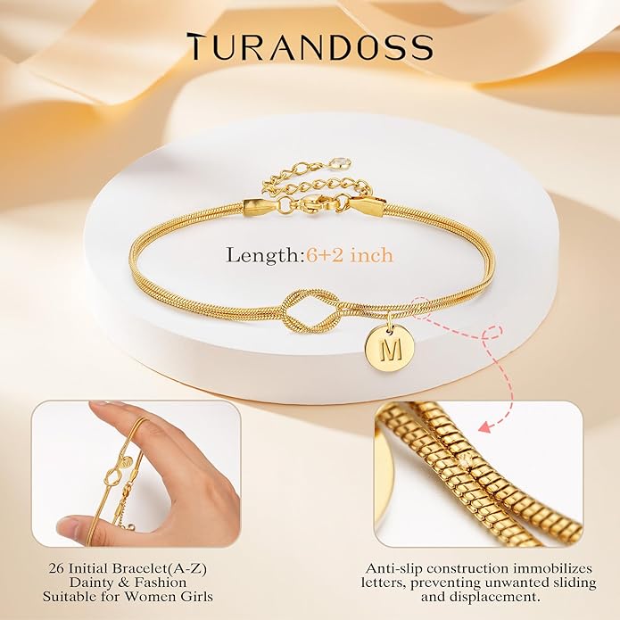 Turandoss Gold Initial Bracelets for Women Girls Gifts - 14K Gold Plated Love Knot Letter A-Z Initial Bracelet Dainty Forever Infinity Bracelet Jewelry Gifts for Women Girls Lover Bridesmaids Friends