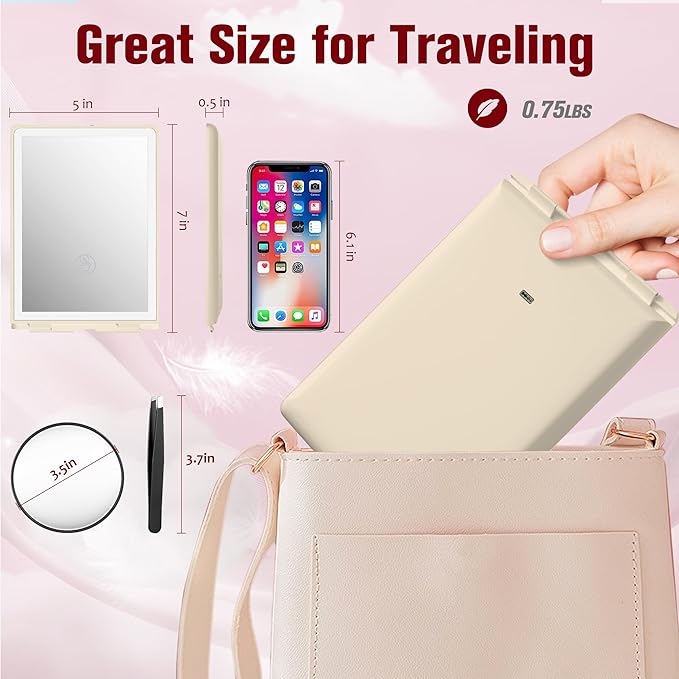 Travel Makeup Mirror with Light, Rechargeable Portable Folding Compact Mirror Set with Tweezer, Lighted Makeup Mirror with 72 LED 3 Color Light Modes, Dimmable Touch Screen LED Mirrors-Cream