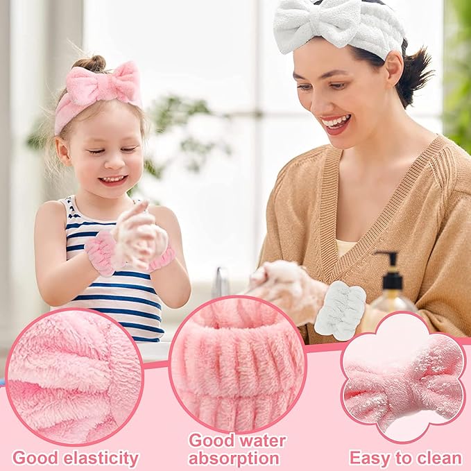 Makeup headband,spa Headband and Wristband Set,bubble Skincare Headbands with Wristbands and Hair Scrunchies Set for Skin Care Makeup Removal Shower(pink+white)