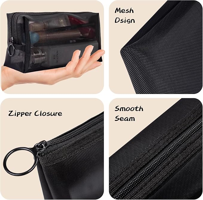 8 Pieces Mesh Makeup Bag Set,Cosmetic Bags Make up pouch,Portable Clear Travel Toiletry Makeup Kit Bag Organizer Mesh Zipper Pouch Purse Beauty Storage Bags for Home Office Travel Accessories(Black)