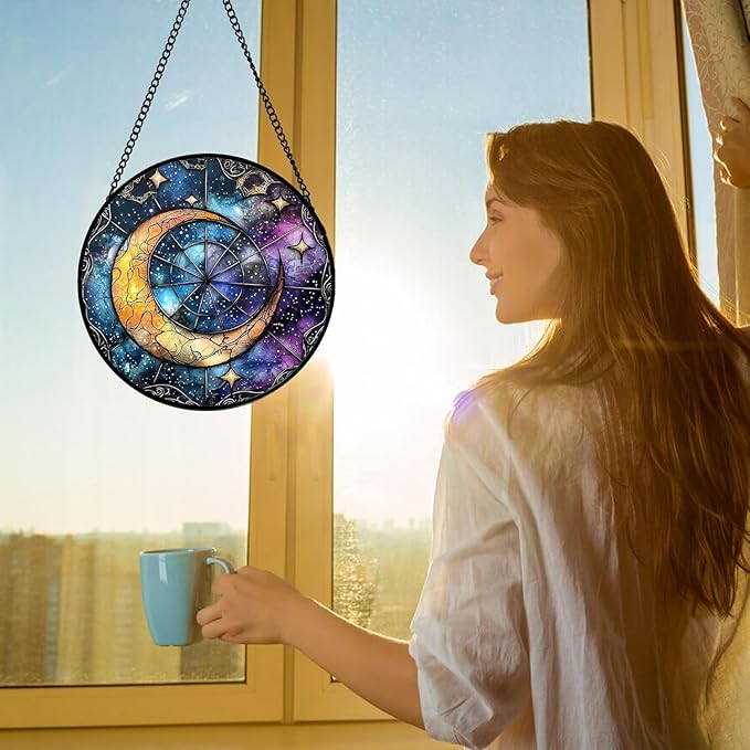 Stained Glass Window Hanging, Blue Starry Sky Moon Astrolabe Suncatcher for Doors Home Sun Catchers Decoration and Christmas, Mother's Day Birthday Gifts for Women, Men, and Mom 14.9x14.9 in