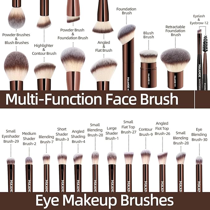 MAANGE 20 PCS Foundation Makeup Brush Set, Double-ended Kabuki Contour Brush for Liquid Powder Concealer Blending Blush Face Makeup Tools (Coffee)