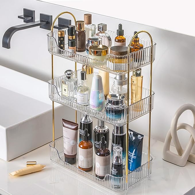 Aveniee Bathroom Counter Organizer, 3 Tier Perfume Skin Care Countertop Storage Shelf, Vanity Makeup Tray for Cosmetic Skincare Lotion,Clear